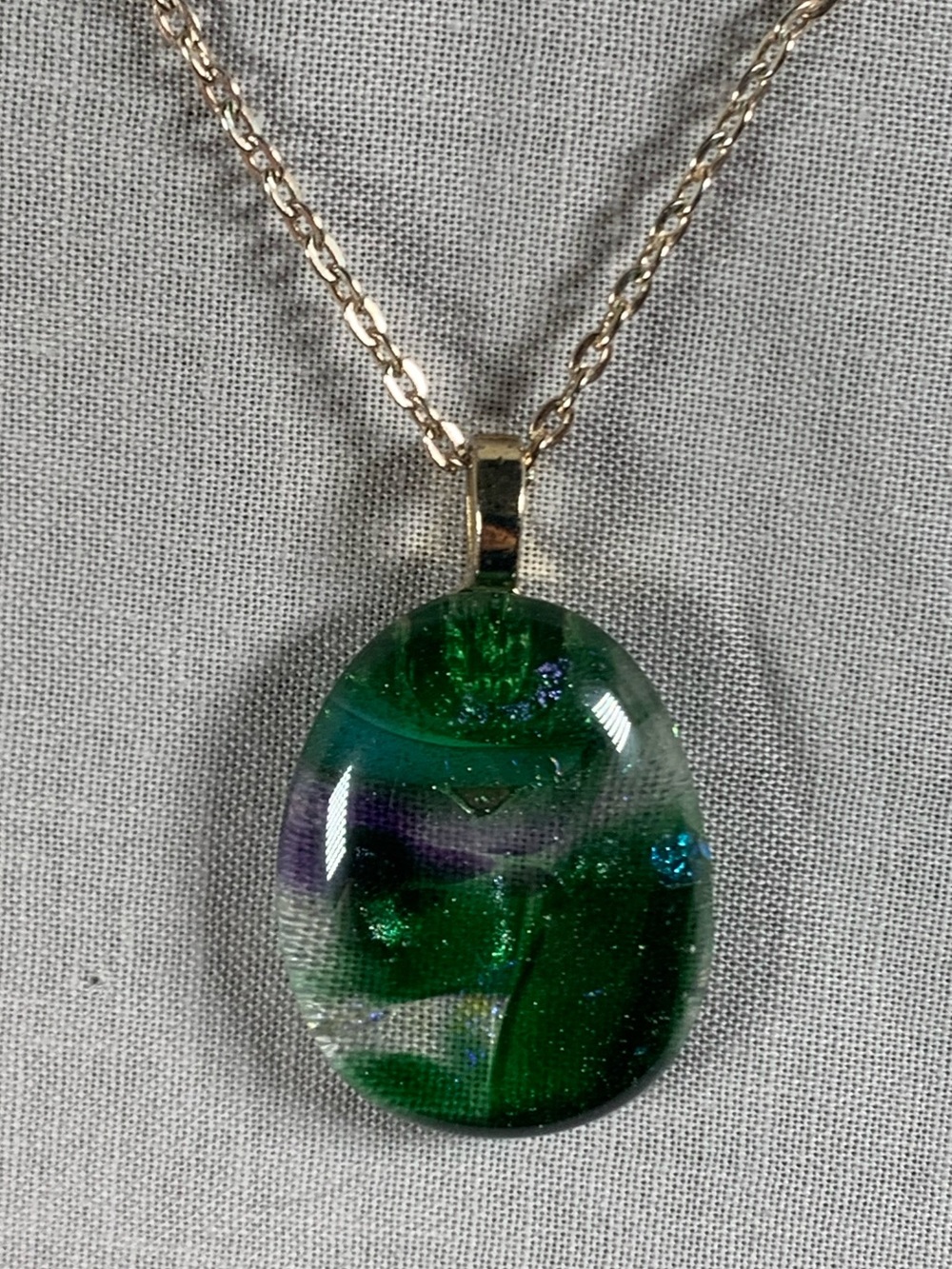 Dichroic Fused Glass Pendant Necklace Hand Made Green 18.5”